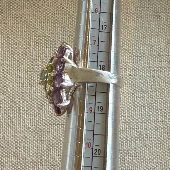 Amethyst Peridot & Blue Topaz Sterling Silver Flower Ring - Size 8 - Picture 4 of 6